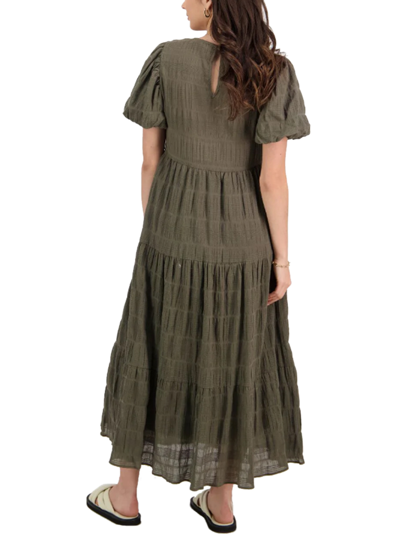 Ivy + Jack Graceful Khaki Shirred Cotton Bubble Sleeve Tiered Maxi ...