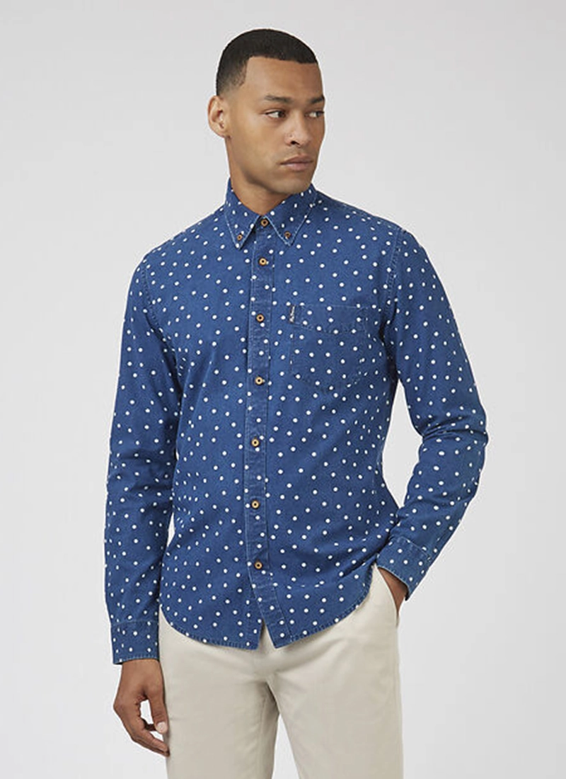 Men's White & Navy Blue Polka Dot Shirt, Ben Sherman